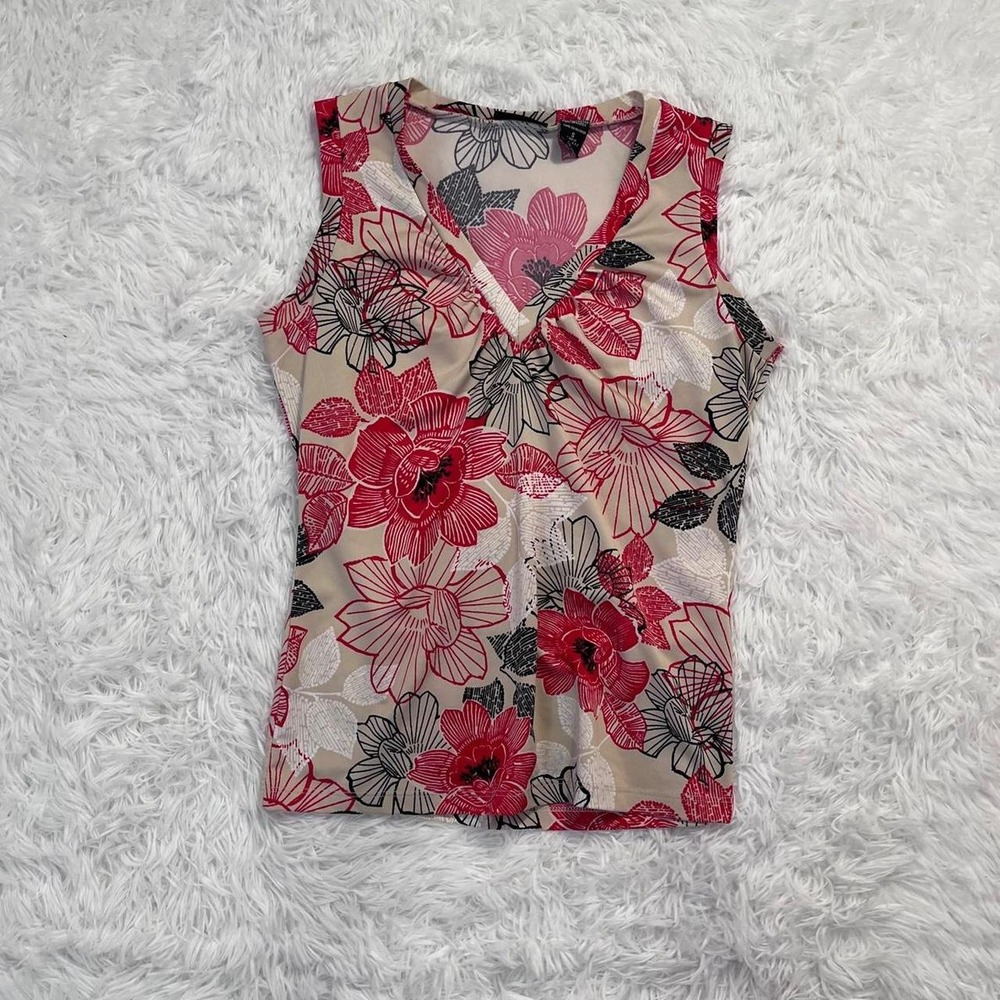y2k cream & pink floral print tank top small